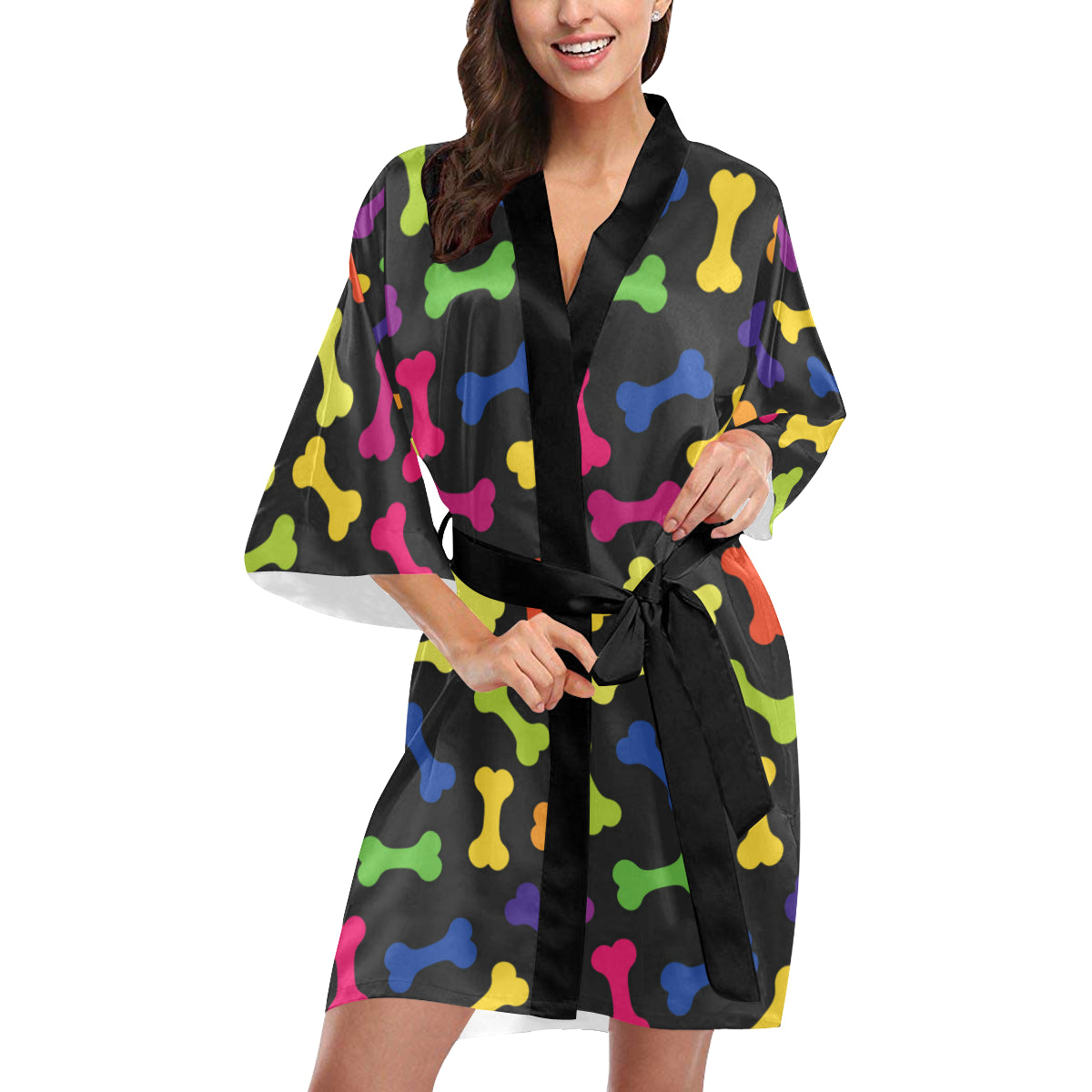 Dog Bone Neon Color Pattern Print Design 02 Women's Short Kimono