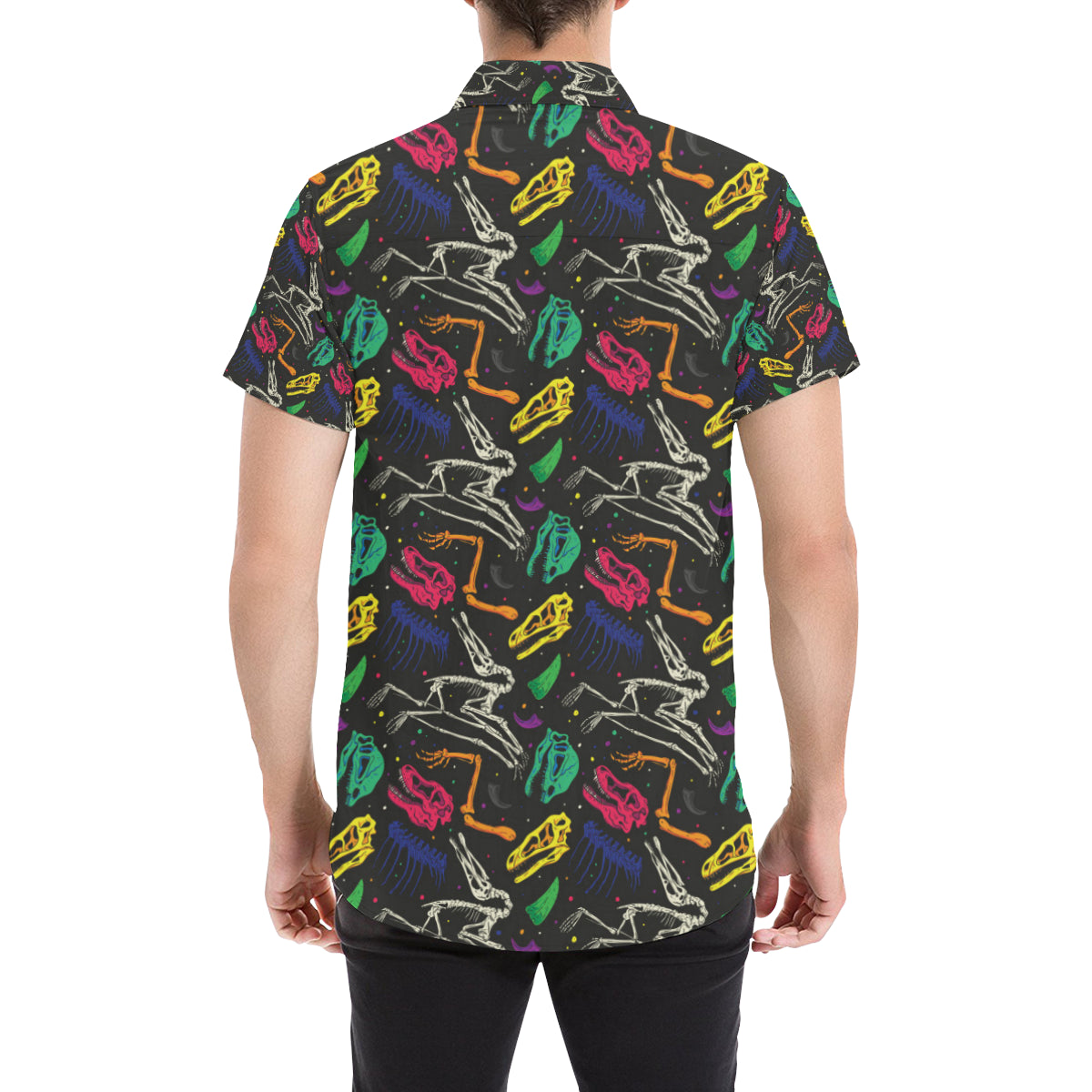 Dinosaur Skull Color Print Pattern Men's Short Sleeve Button Up Shirt