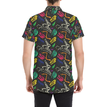 Dinosaur Skull Color Print Pattern Men's Short Sleeve Button Up Shirt