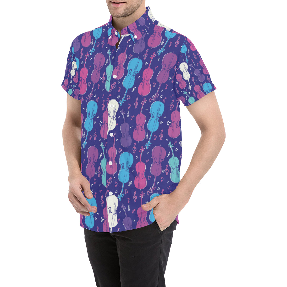 Cello Pattern Print Design 01 Men's Short Sleeve Button Up Shirt