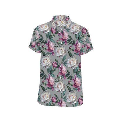 Peony Pattern Print Design PE01 Men's Short Sleeve Button Up Shirt