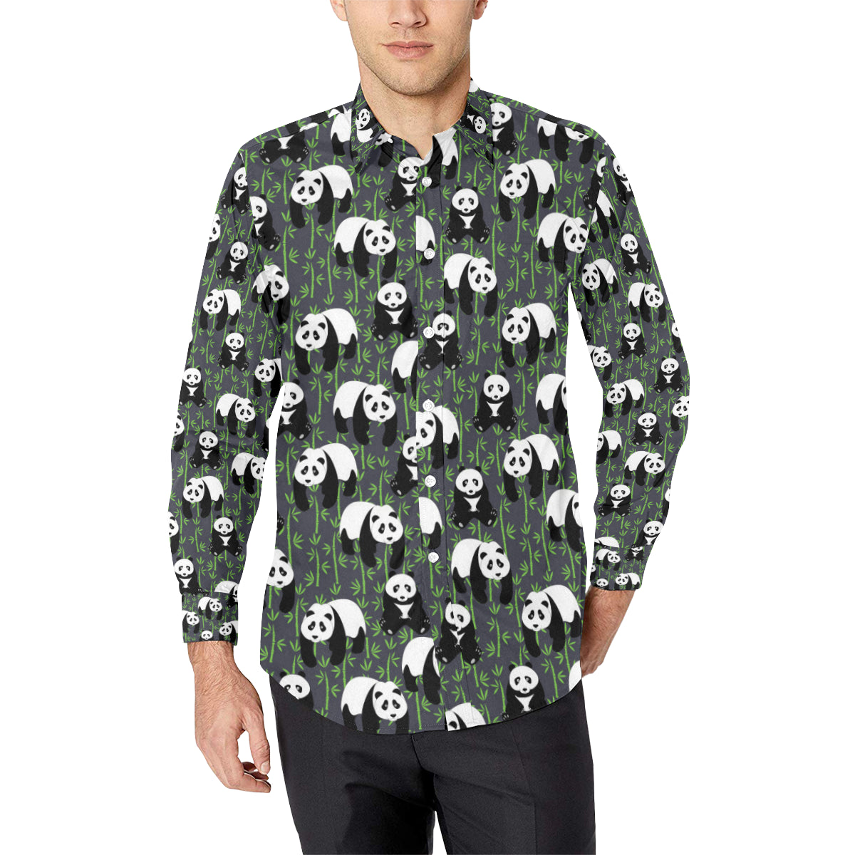Panda Bear Bamboo Themed Print Men's Long Sleeve Shirt