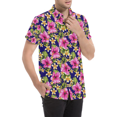 Pink Hibiscus Pattern Print Design HB027 Men's Short Sleeve Button Up Shirt