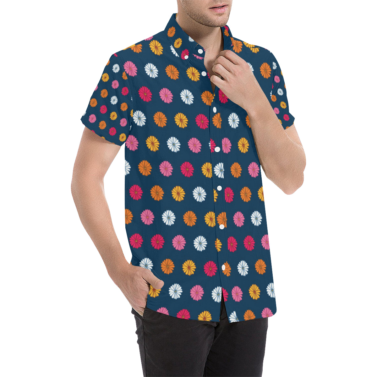 Gerberas Pattern Print Design GB06 Men's Short Sleeve Button Up Shirt