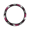 Pink Rose Skull Themed Print Steering Wheel Cover with Elastic Edge