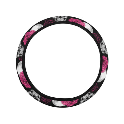 Pink Rose Skull Themed Print Steering Wheel Cover with Elastic Edge