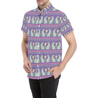 Rabbit Pattern Print Design RB01 Men's Short Sleeve Button Up Shirt