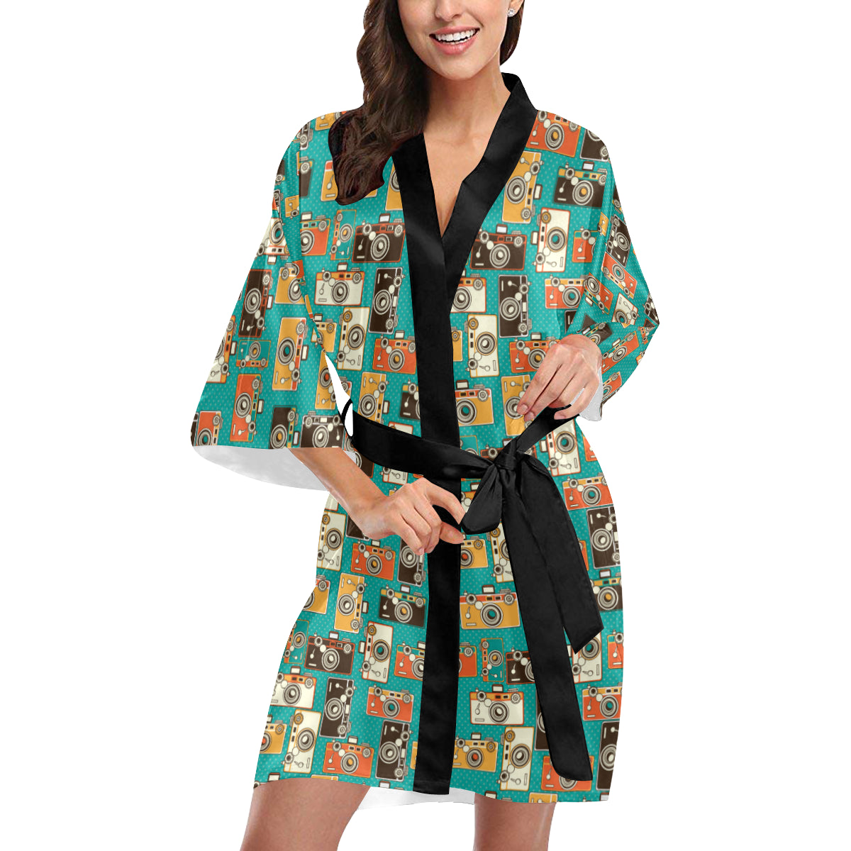 Camera Pattern Print Design 02 Women's Short Kimono