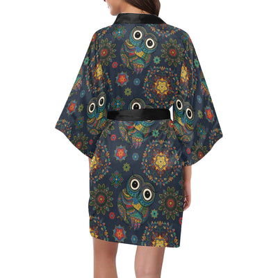 Owl Boho Style Pattern Print Design A04 Women's Short Kimono