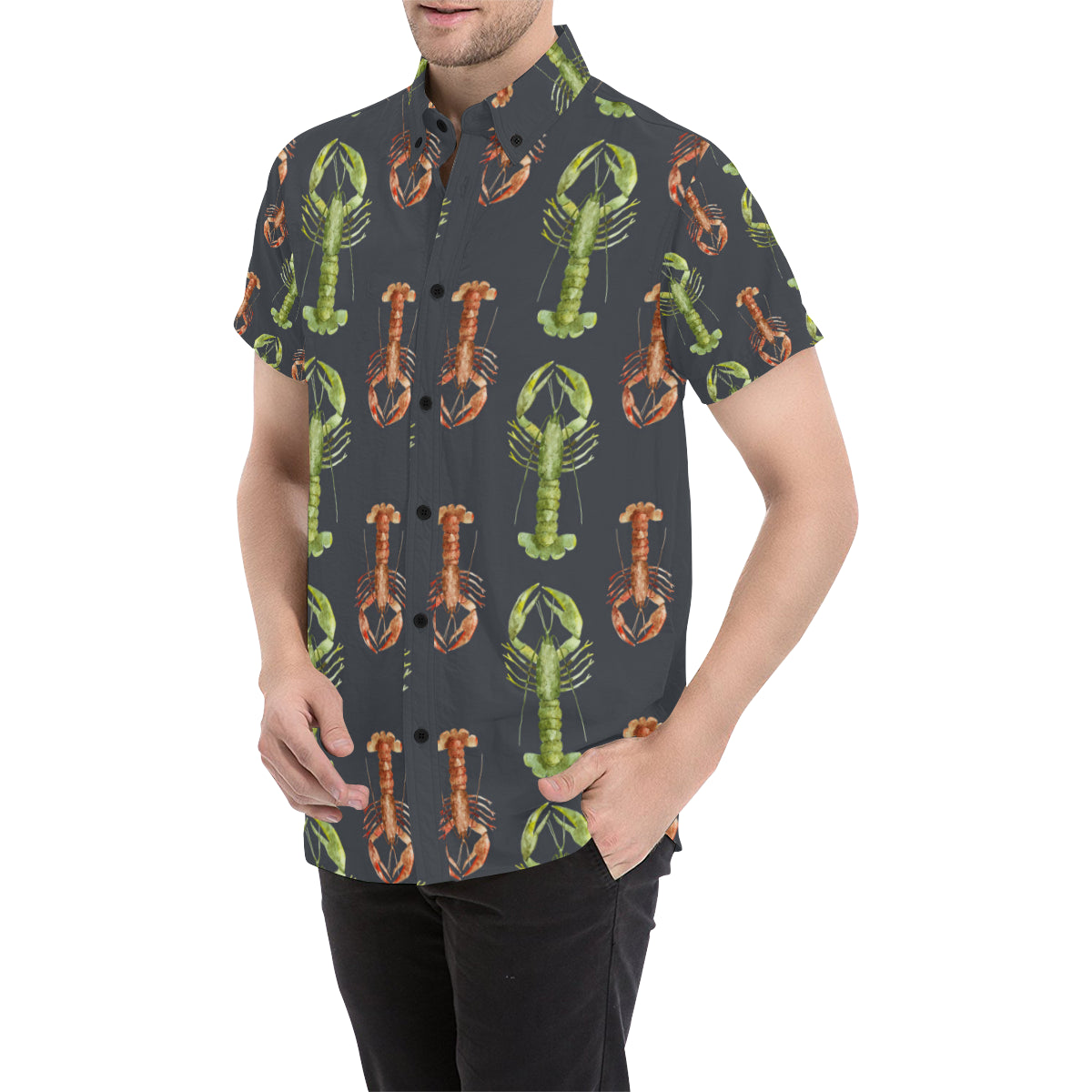 Lobster Pattern Print Design 01 Men's Short Sleeve Button Up Shirt