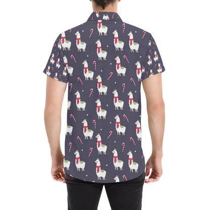 Llama with Candy Cane Themed Print Men's Short Sleeve Button Up Shirt