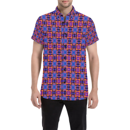 kaleidoscope Purple Orange Print Design Men's Short Sleeve Button Up Shirt