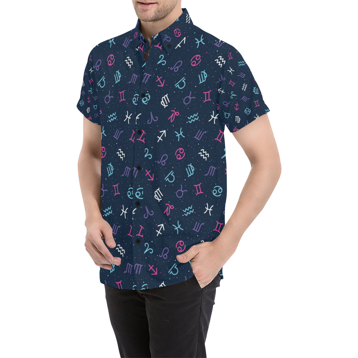 Constellation Pattern Print Design 04 Men's Short Sleeve Button Up Shirt