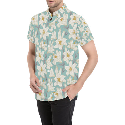 Lily Pattern Print Design 02 Men's Short Sleeve Button Up Shirt