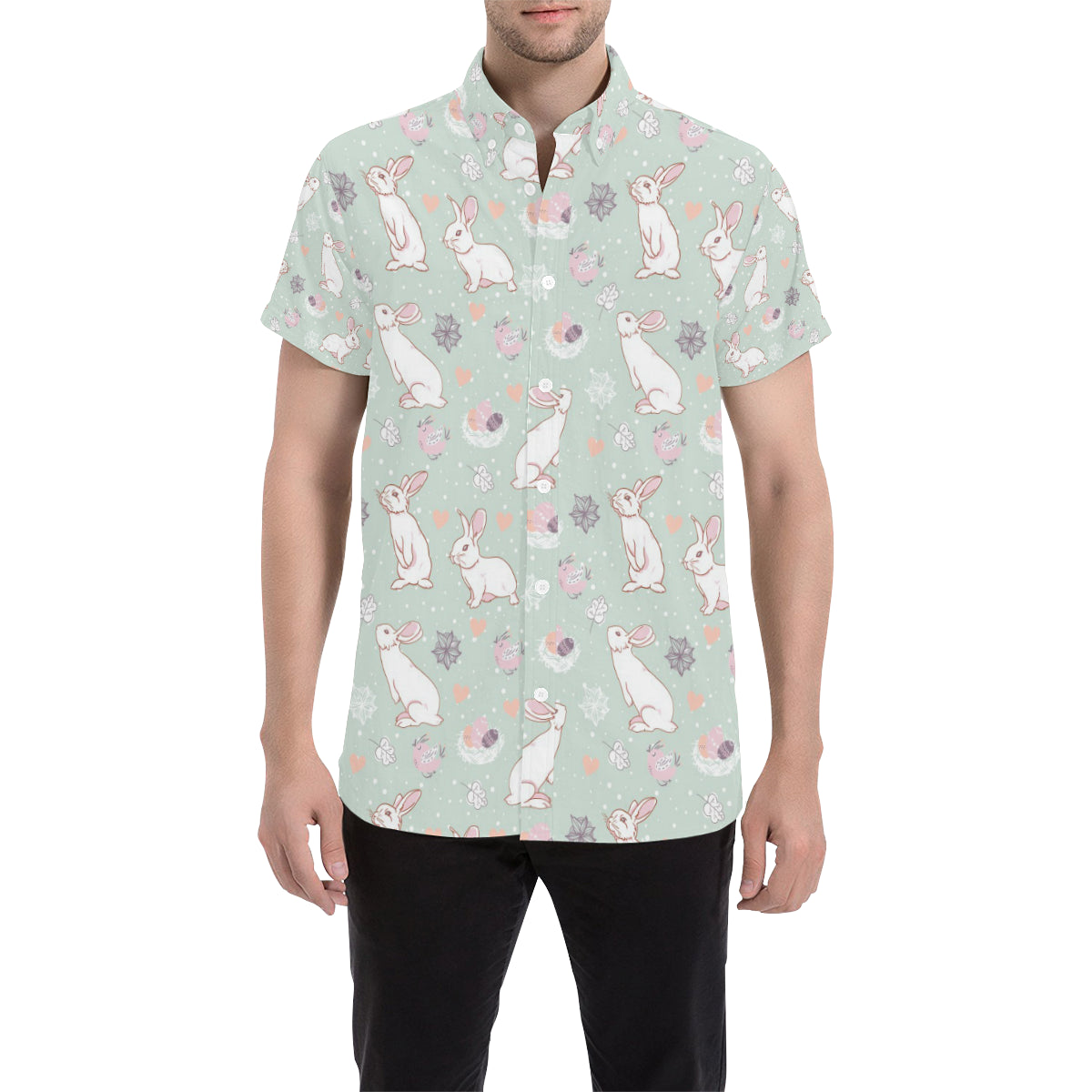 Rabbit Pattern Print Design RB011 Men's Short Sleeve Button Up Shirt