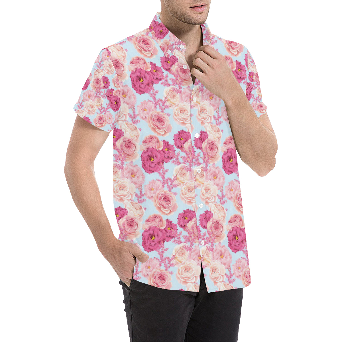Lisianthus Pattern Print Design LT05 Men's Short Sleeve Button Up Shirt
