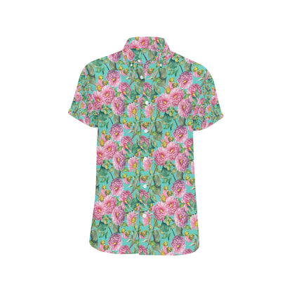 Dahlia Pattern Print Design DH07 Men's Short Sleeve Button Up Shirt