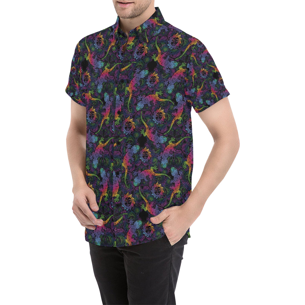 Gecko Rainbow Pattern Print Design 03 Men's Short Sleeve Button Up Shirt