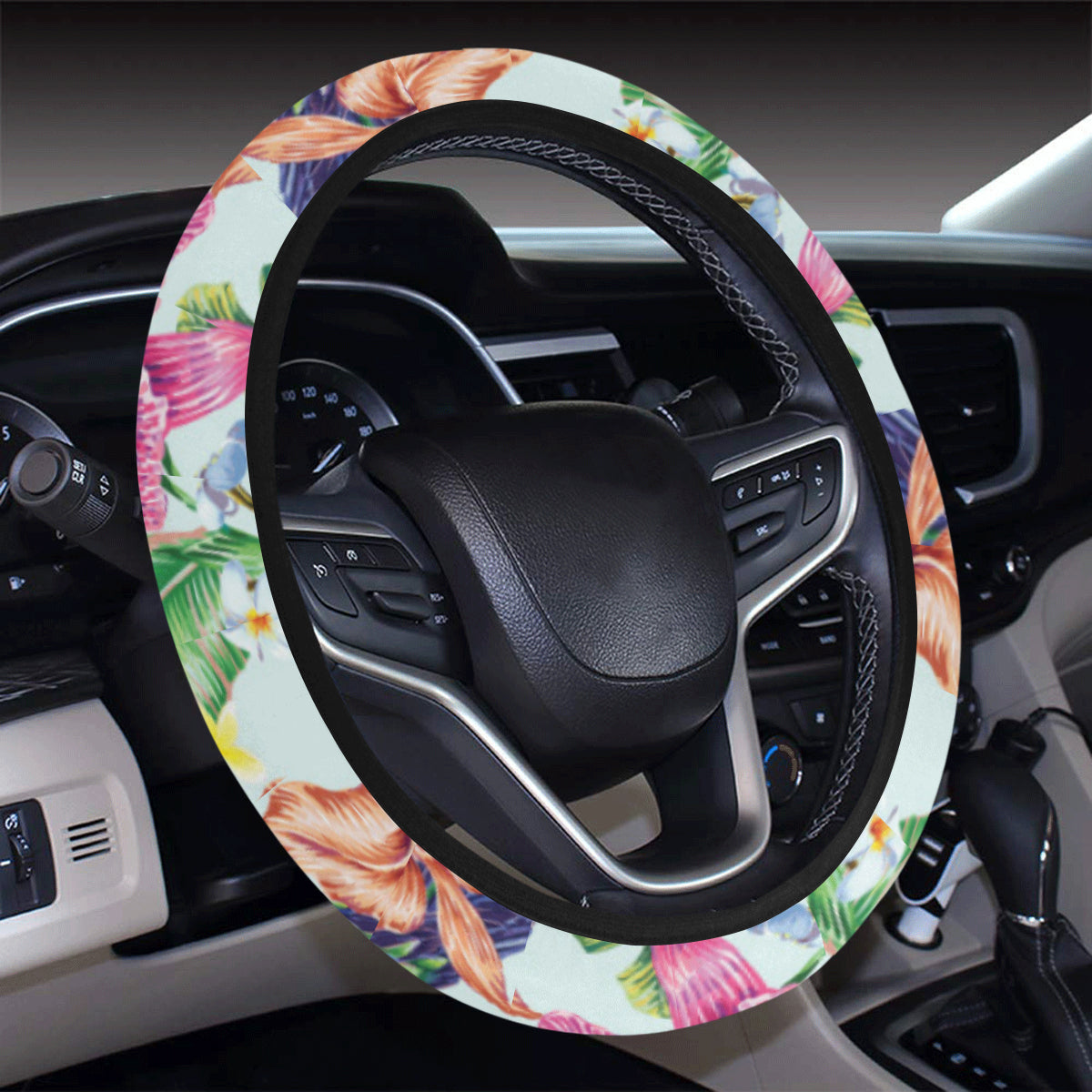 Hummingbird Tropical Pattern Print Design 05 Steering Wheel Cover with Elastic Edge