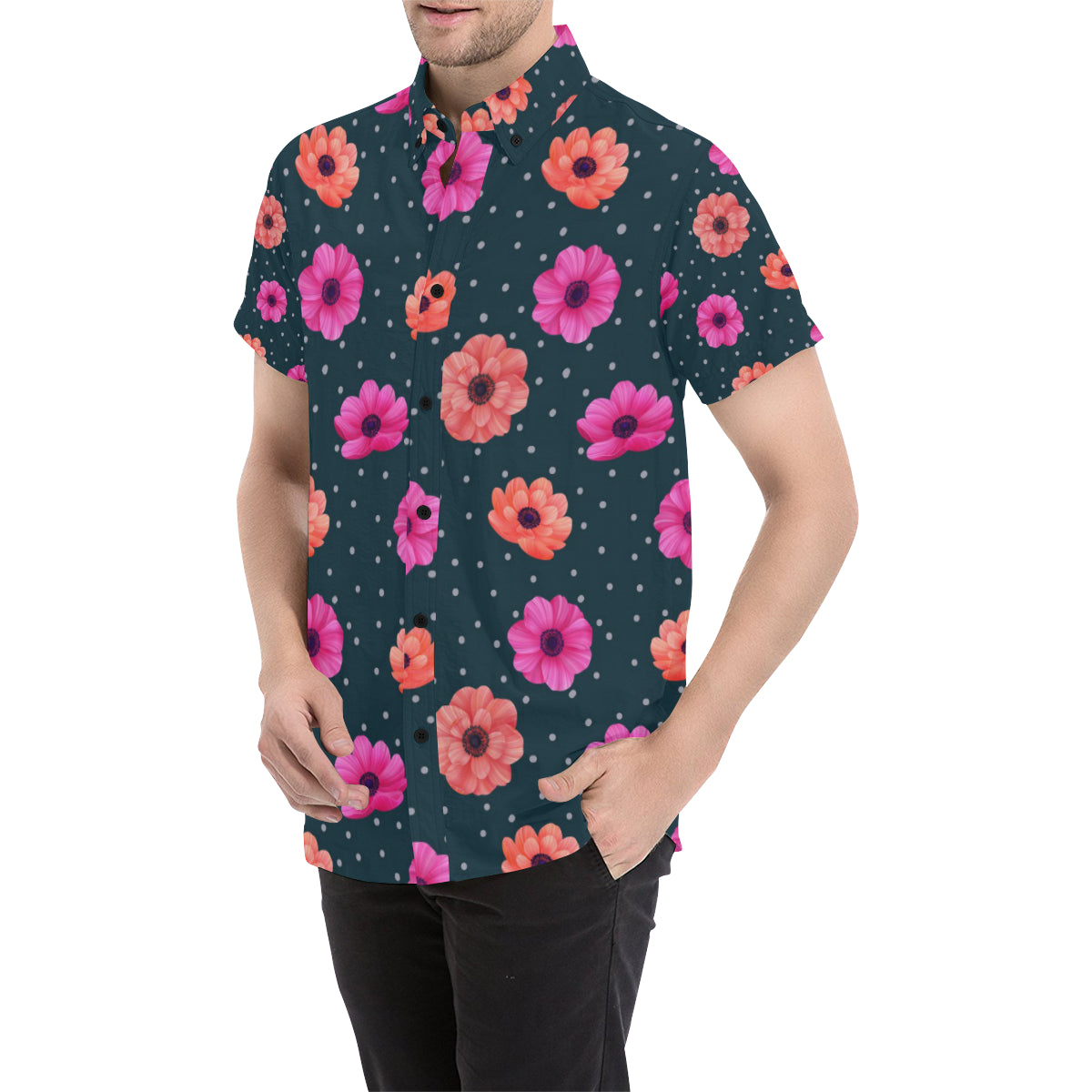 Anemone Pattern Print Design AM08 Men's Short Sleeve Button Up Shirt