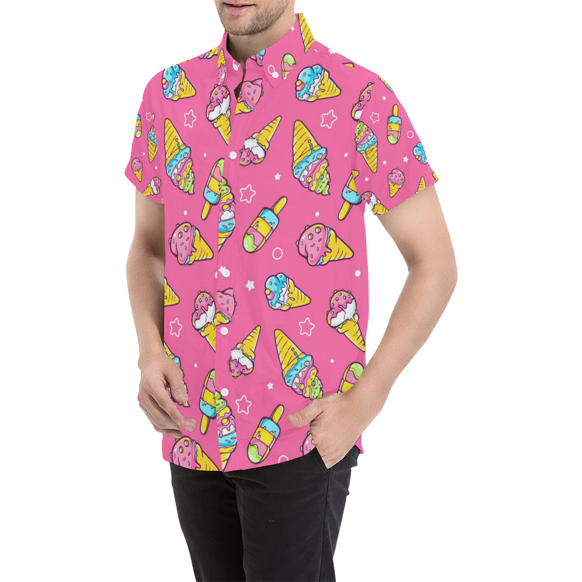 Ice Cream Pattern Print Design IC04 Men's Short Sleeve Button Up Shirt