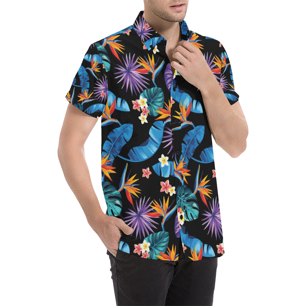 Tropical Flower Pattern Print Design TF018 Men's Short Sleeve Button Up Shirt