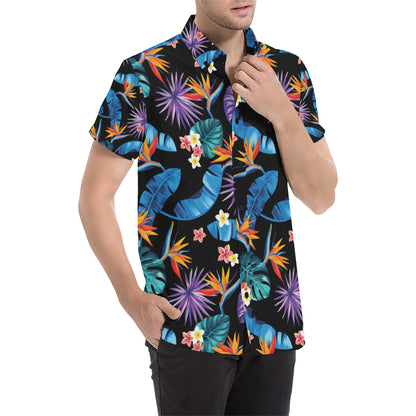 Tropical Flower Pattern Print Design TF018 Men's Short Sleeve Button Up Shirt