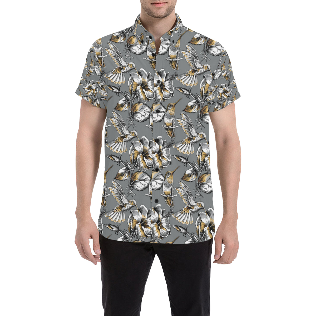 Hummingbird Pattern Print Design 02 Men's Short Sleeve Button Up Shirt