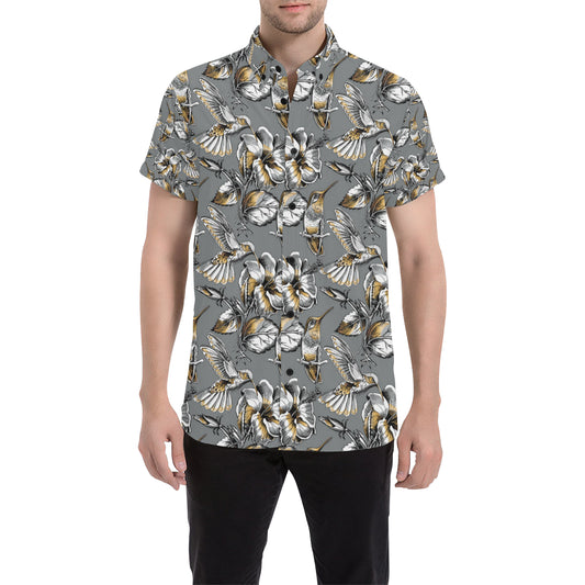 Hummingbird Pattern Print Design 02 Men's Short Sleeve Button Up Shirt