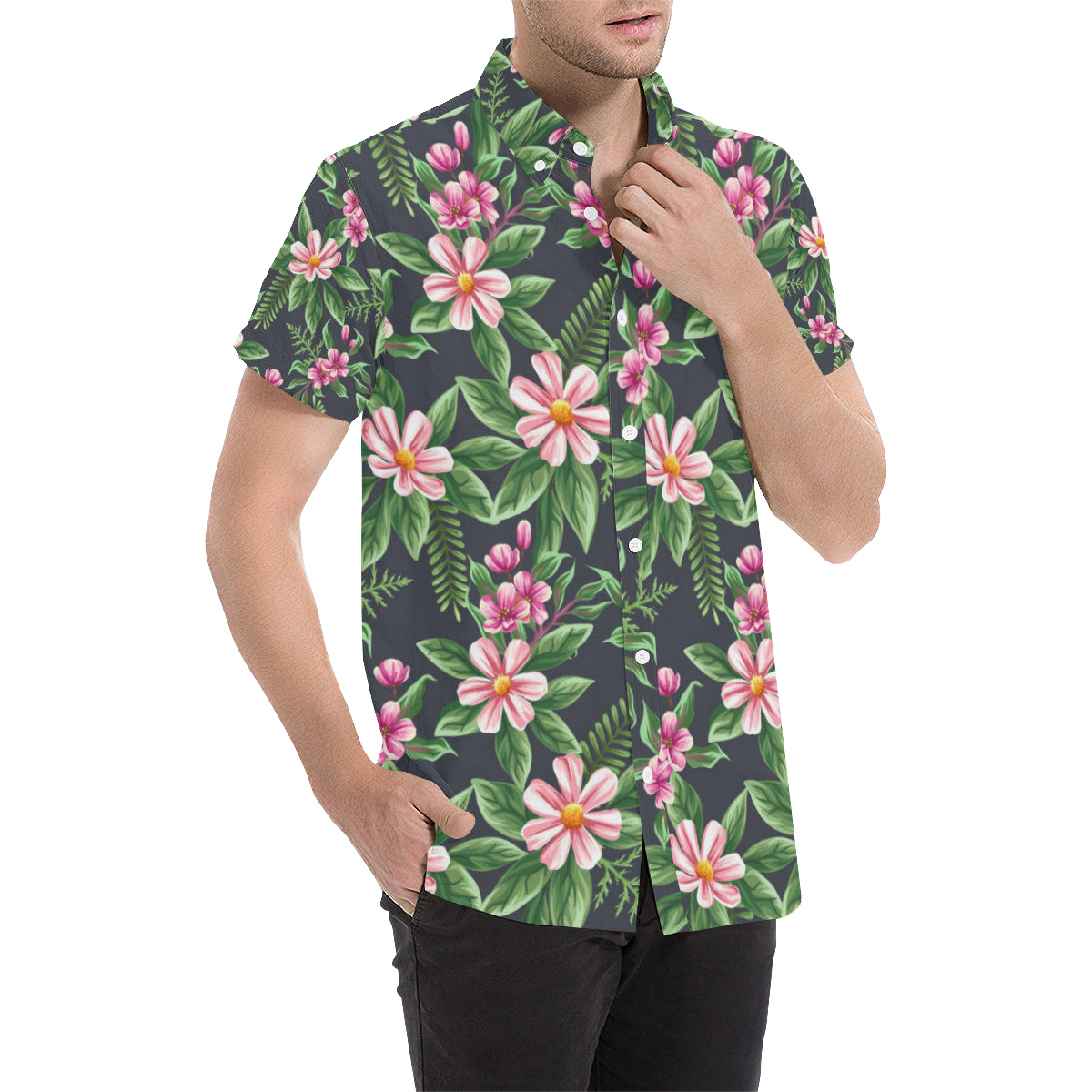 Summer Floral Pattern Print Design SF010 Men's Short Sleeve Button Up Shirt