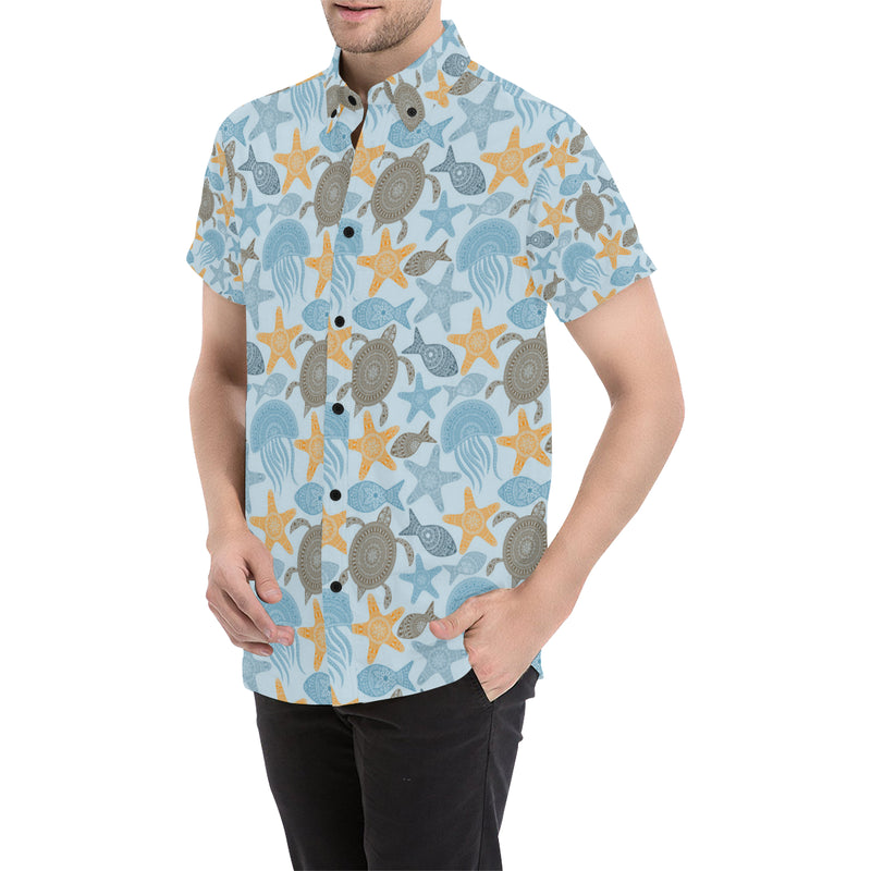 Polynesian Jellyfish Turtle Print Men's Short Sleeve Button Up Shirt