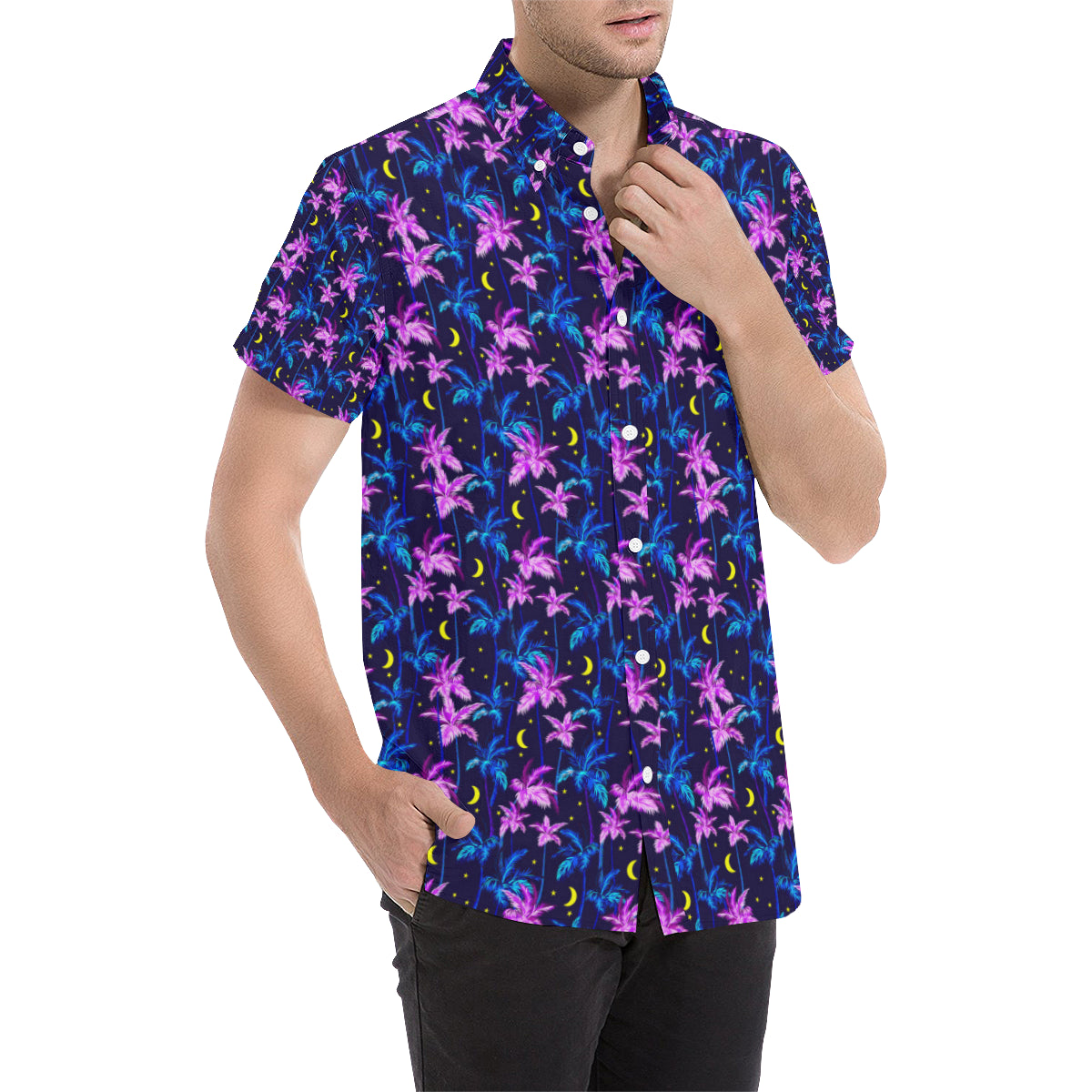 Palm Tree Night Scene Design Print Men's Short Sleeve Button Up Shirt