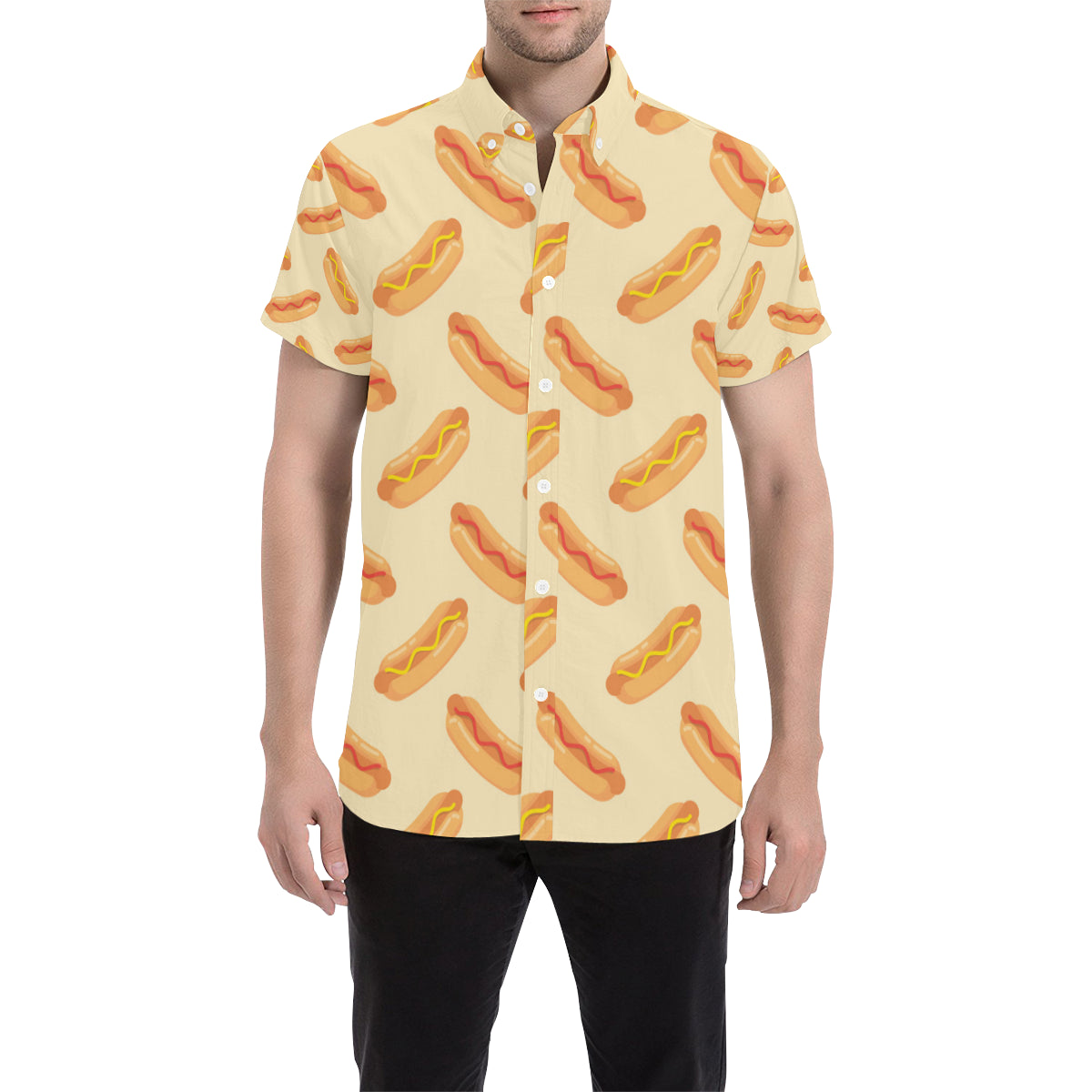 Hot Dog Pattern Print Design 05 Men's Short Sleeve Button Up Shirt