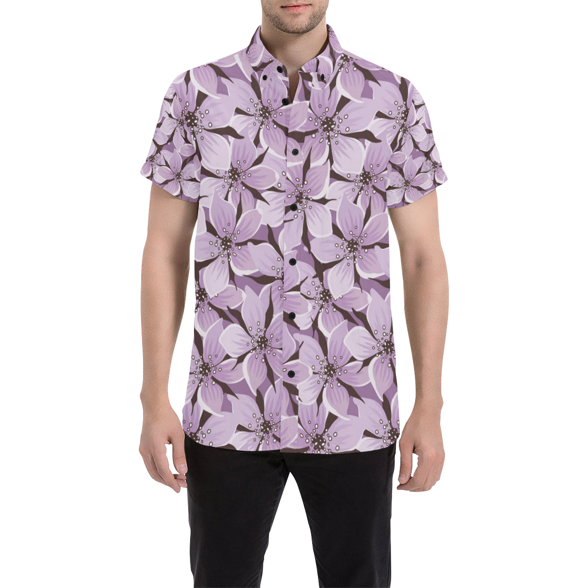 Lilac Pattern Print Design 01 Men's Short Sleeve Button Up Shirt