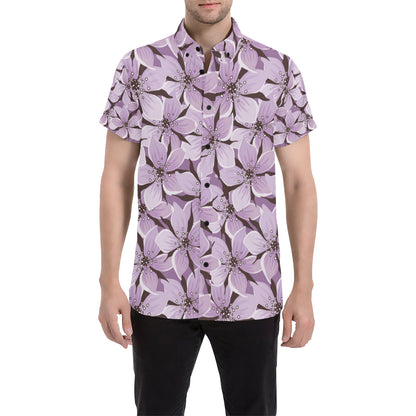 Lilac Pattern Print Design 01 Men's Short Sleeve Button Up Shirt