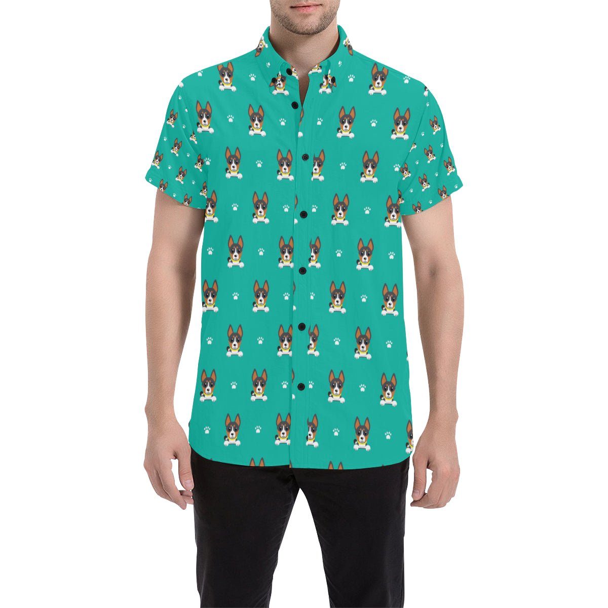Basenji Pattern Print Design 03 Men's Short Sleeve Button Up Shirt