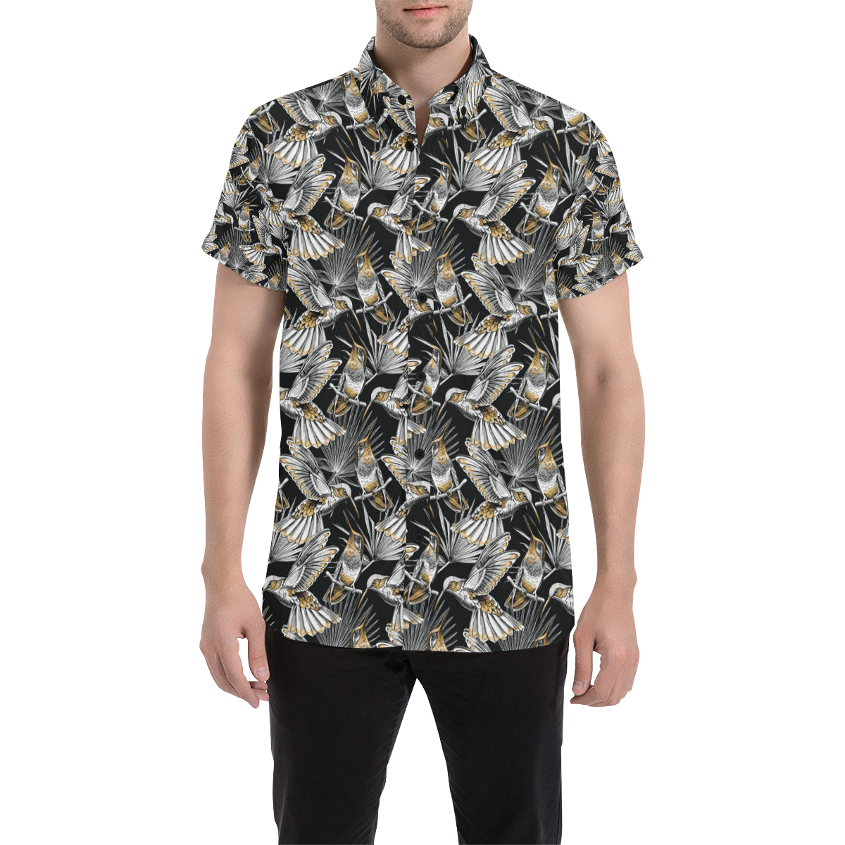 Hummingbird Gold Design Themed Print Men's Short Sleeve Button Up Shirt