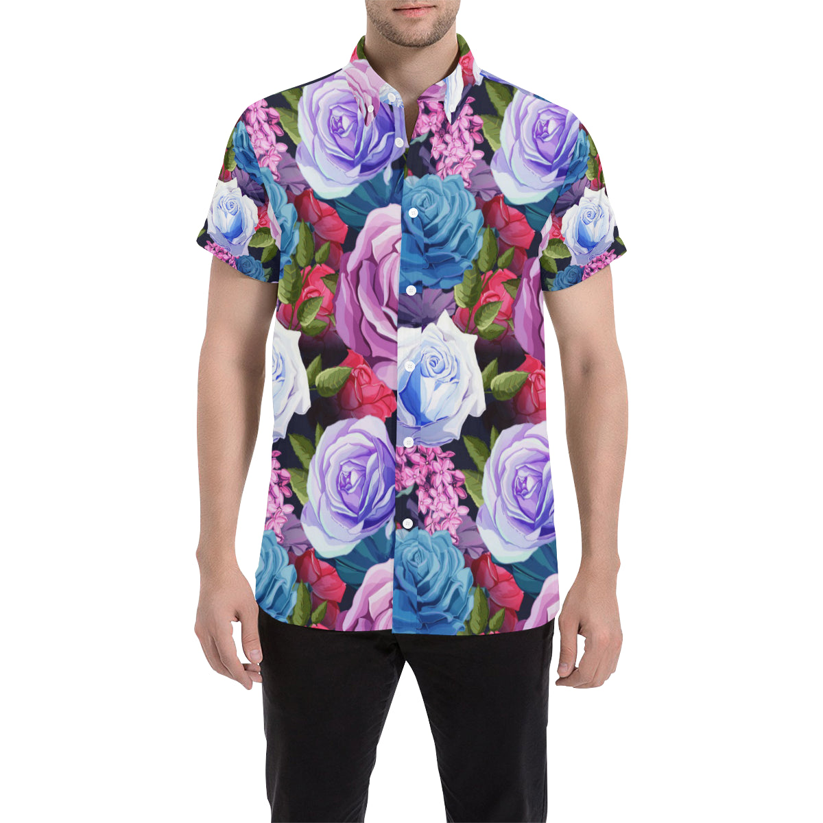 Rose Pattern Print Design RO09 Men's Short Sleeve Button Up Shirt