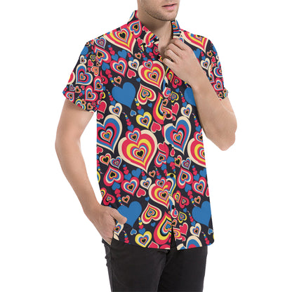 Heart Pattern Print Design HE08 Men's Short Sleeve Button Up Shirt