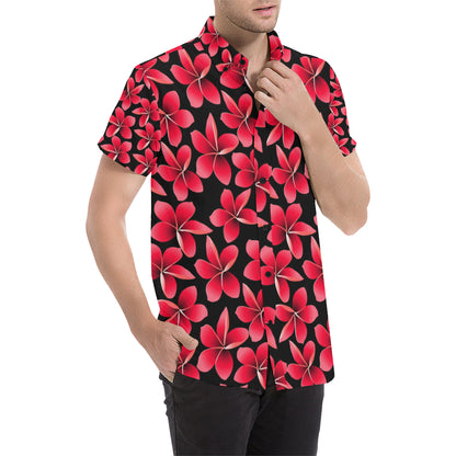 Red Plumeria Pattern Print Design PM025 Men's Short Sleeve Button Up Shirt