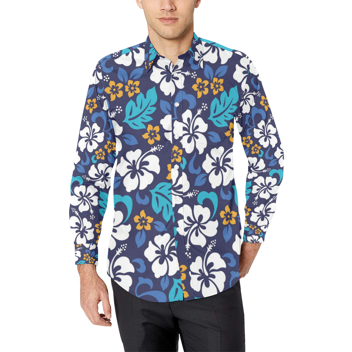 Hibiscus Pattern Print Design HB030 Men's Long Sleeve Shirt