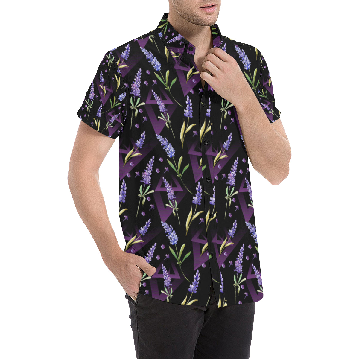 Lavender Pattern Print Design LV07 Men's Short Sleeve Button Up Shirt