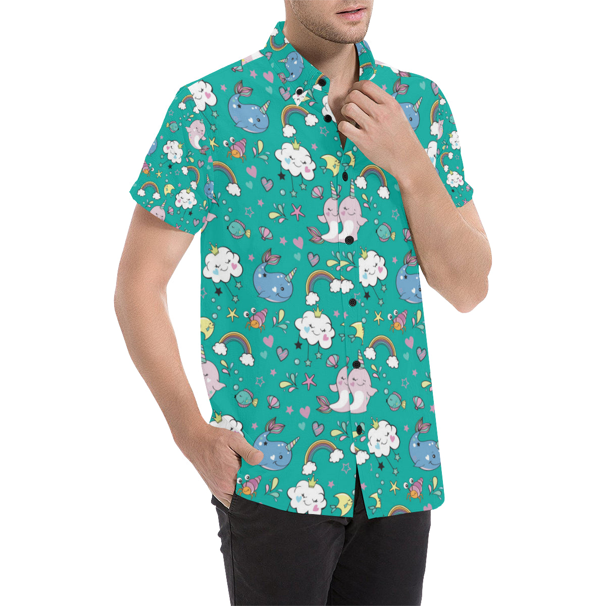 Narwhal Pattern Print Design 04 Men's Short Sleeve Button Up Shirt