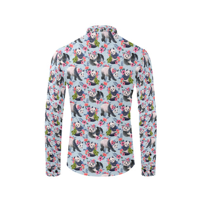 Panda Bear Flower Design Themed Print Men's Long Sleeve Shirt