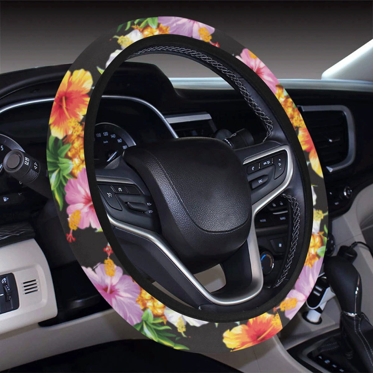 Pineapple Hibiscus Steering Wheel Cover with Elastic Edge