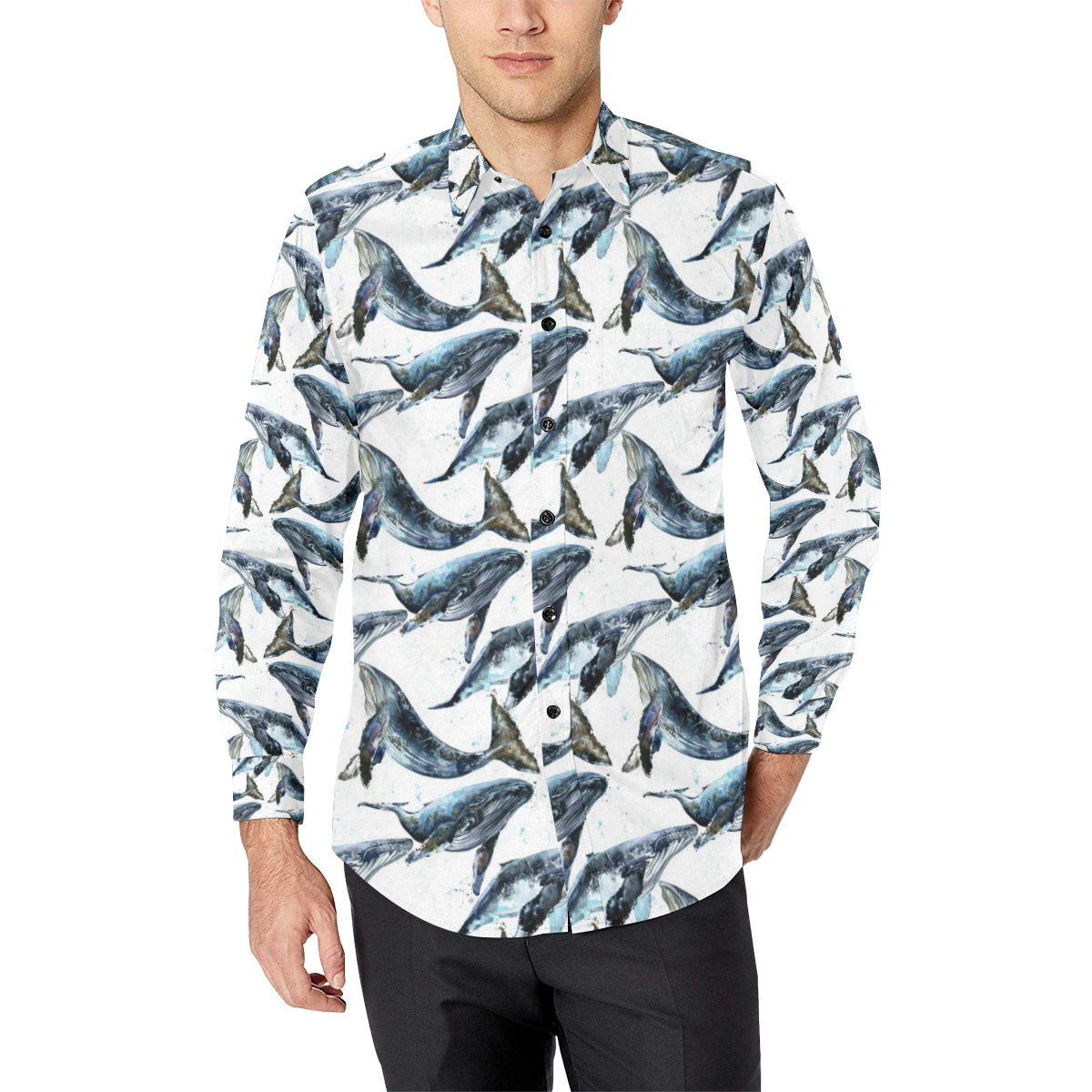 Blue Whale Pattern Print Design 03 Men's Long Sleeve Shirt