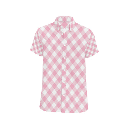 Gingham Pink Pattern Print Design 02 Men's Short Sleeve Button Up Shirt