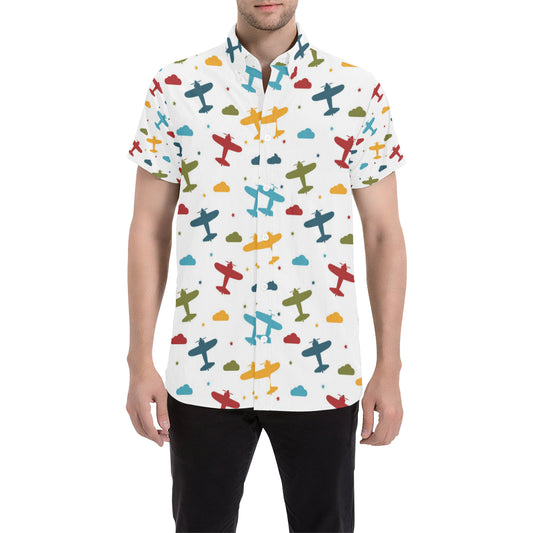 Airplane Pattern Print Design 06 Men's Short Sleeve Button Up Shirt