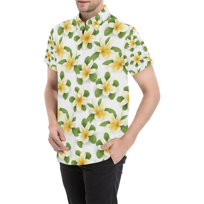 Yellow Plumeria Pattern Print Design PM012 Men's Short Sleeve Button Up Shirt