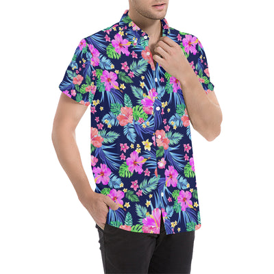 Neon Hibiscus Pattern Print Design HB016 Men's Short Sleeve Button Up Shirt